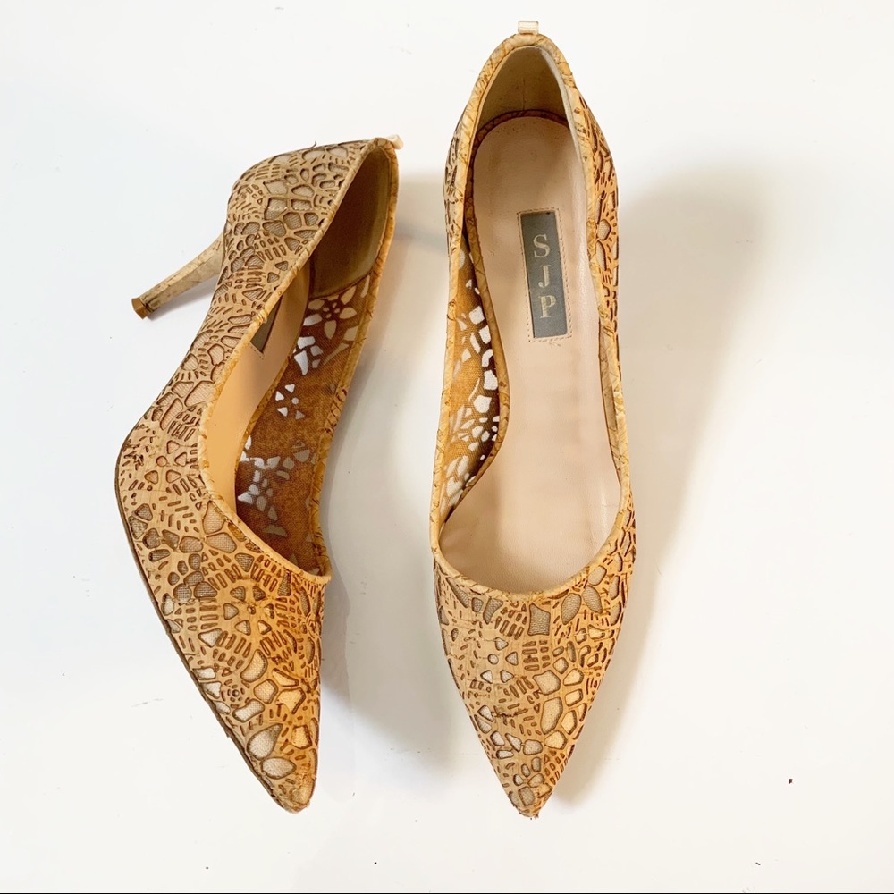 SJP Natural Cork Fawn Pointed Toe Pump Heel